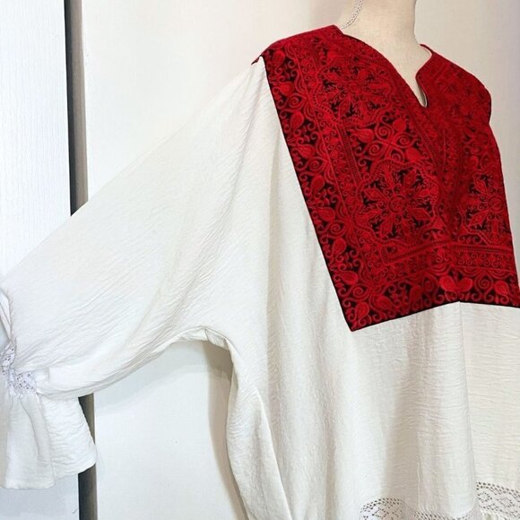 ORO WHITE GAUZY RED EMBROIDERY BIB MIDI KAFTAN DRESS - OS - Picture 4 of 8